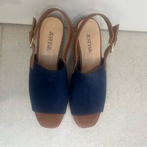JustFab Blue and Brown Slingback Wedge Sandals